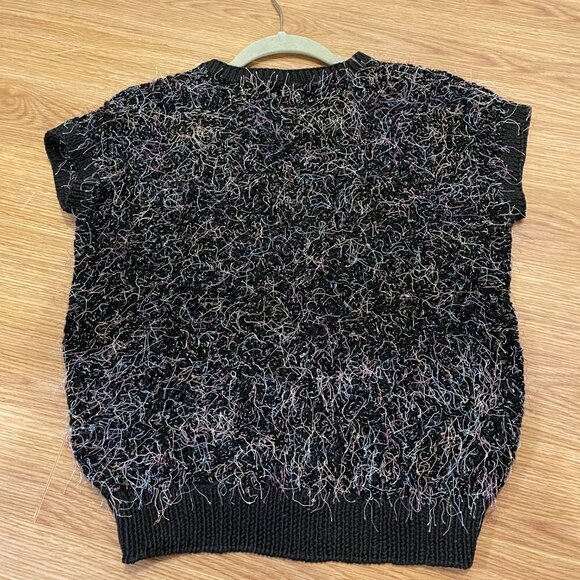 Vintage Handknit Black Rainbow Confetti Crochet Sweater Tee - Picture 9 of 12